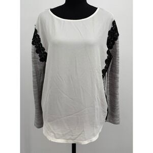 Springfield Women's L Lace Trim Long Sleeve‎ Top Preppy Office Minimalist Casual
